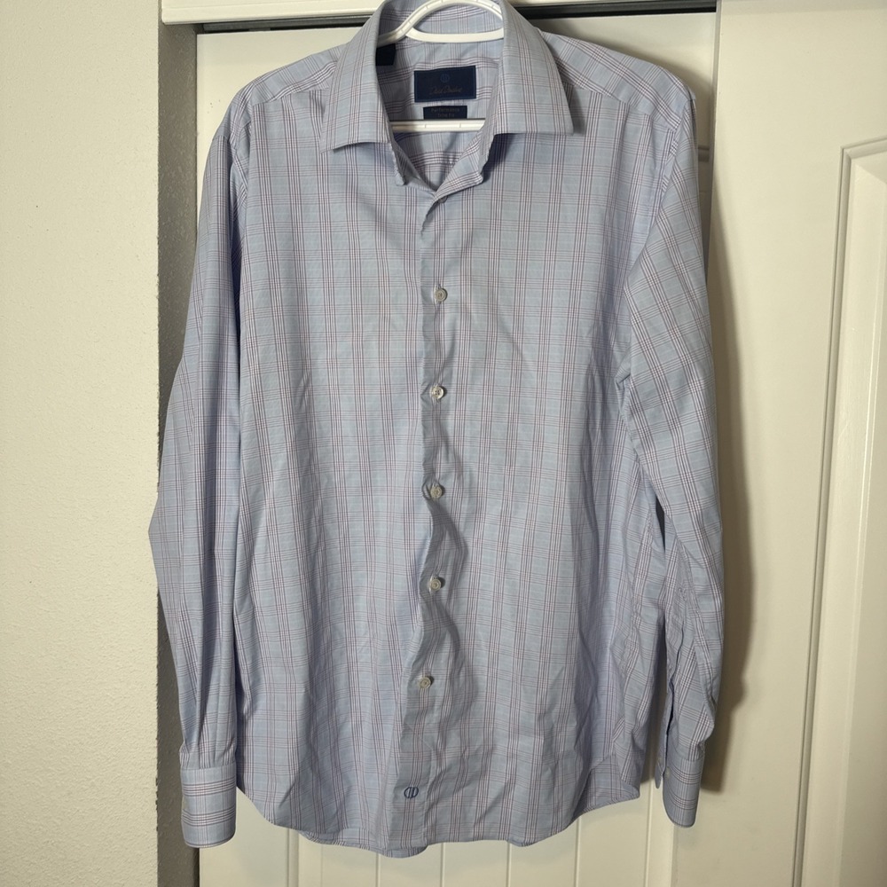 David Donahue‎ Trim Fit Dress Shirt 16.5 Mens Performance Check 34/35 Sleeve
